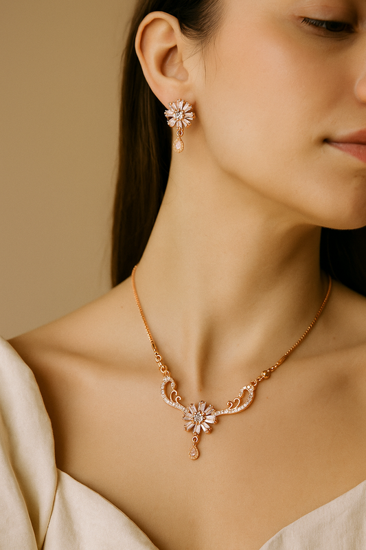 Blush Bloom – Floral Crystal Necklace & Earrings Set