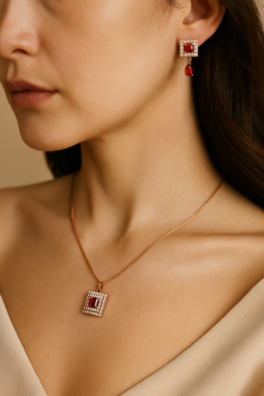 Regal Glow β Gold Zircon Square Pendant Necklace & Earrings Set
