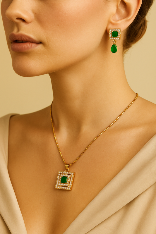 Regal Glow – Gold Zircon Square Pendant Necklace & Earrings Set