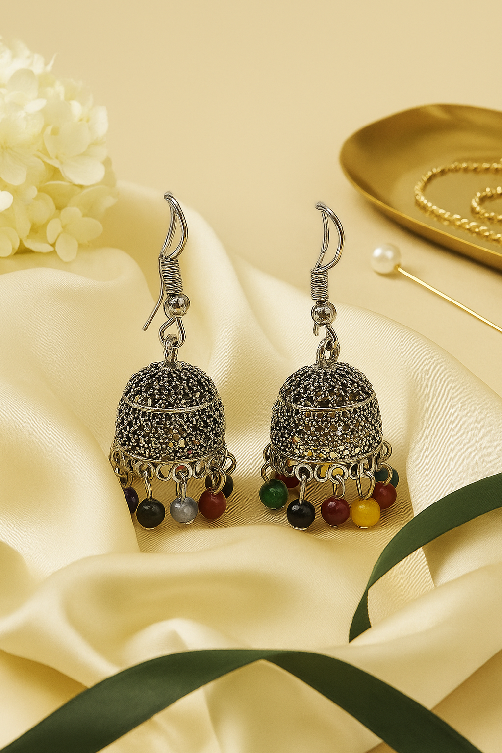 Boho Luxe – Oxidized Silver Earrings with Colorful Bead Drops