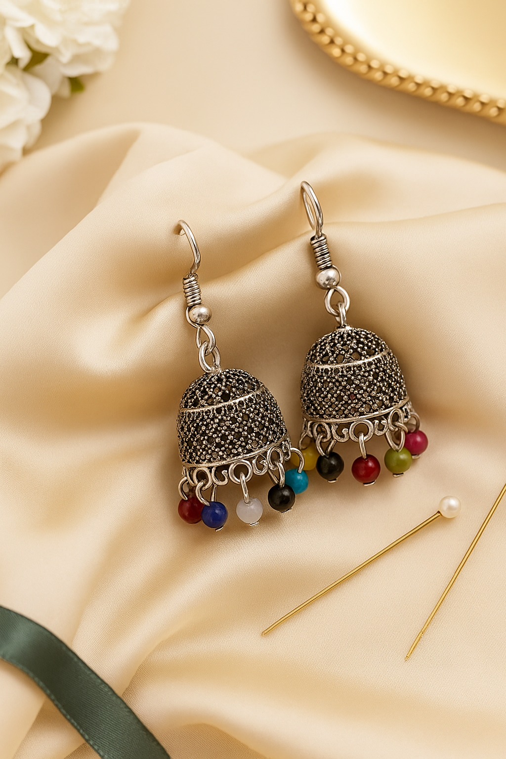 Boho Luxe – Oxidized Silver Earrings with Colorful Bead Drops