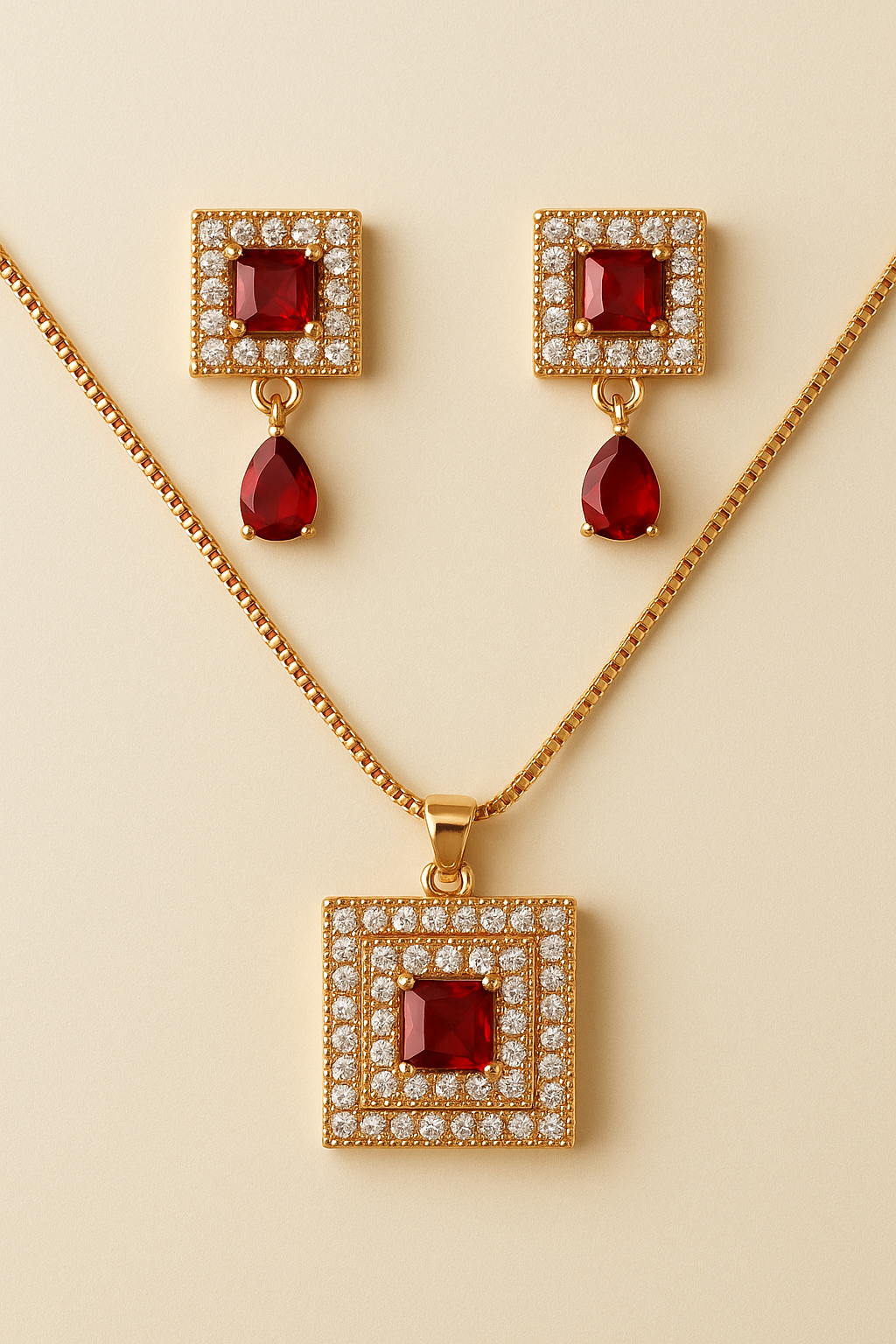 Regal Glow – Gold Zircon Square Pendant Necklace & Earrings Set