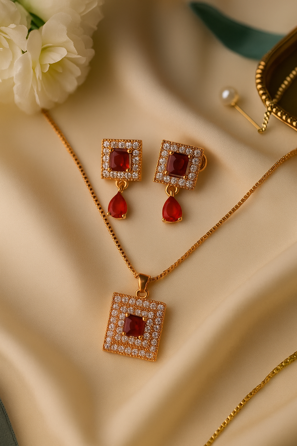Regal Glow – Gold Zircon Square Pendant Necklace & Earrings Set