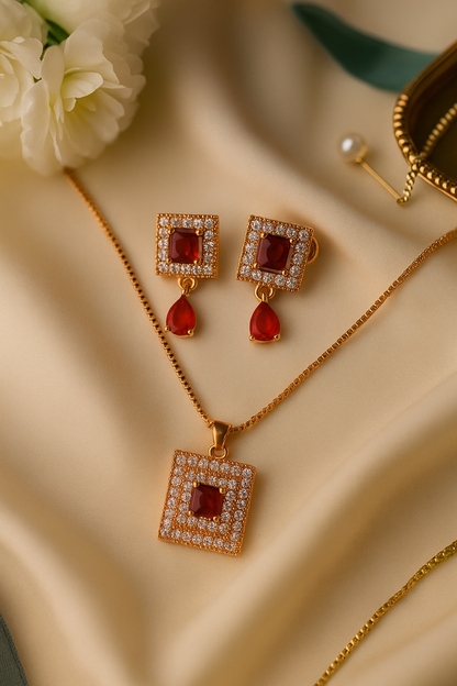 Regal Glow – Gold Zircon Square Pendant Necklace & Earrings Set