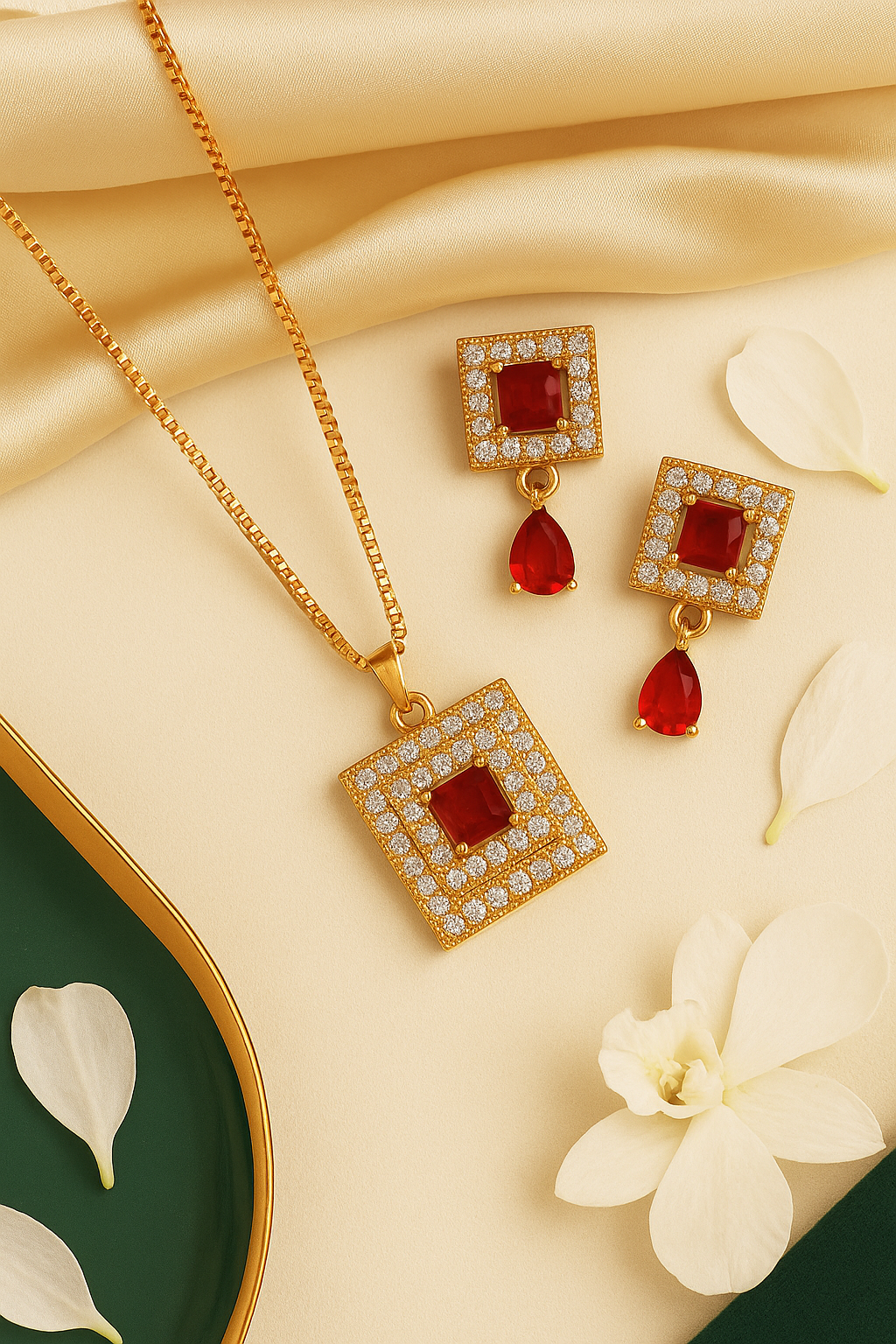 Regal Glow – Gold Zircon Square Pendant Necklace & Earrings Set