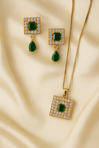 Regal Glow – Gold Zircon Square Pendant Necklace & Earrings Set
