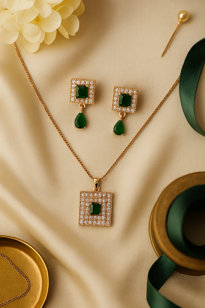 Regal Glow – Gold Zircon Square Pendant Necklace & Earrings Set