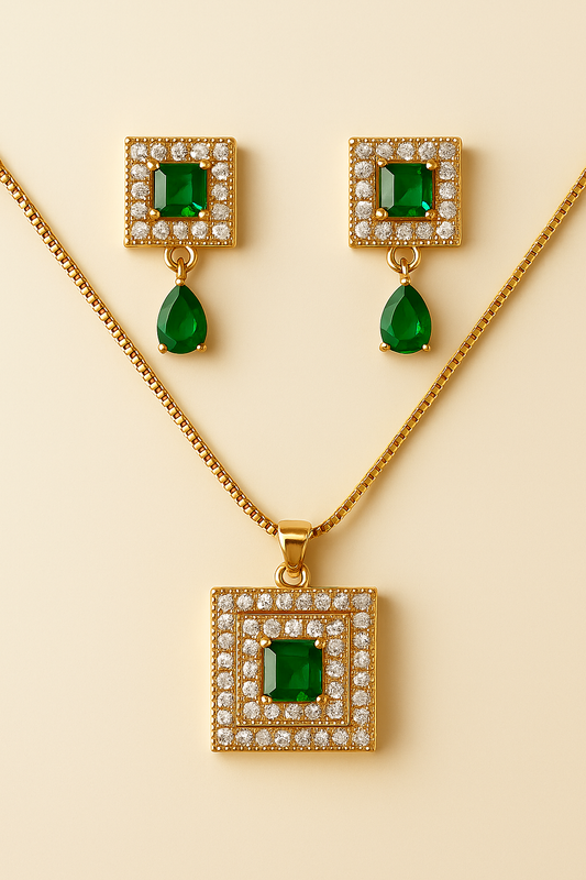 Regal Glow – Gold Zircon Square Pendant Necklace & Earrings Set
